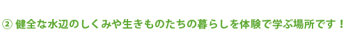 ②健全な水辺のしくみや生きものたちの暮らしを体験で学ぶ場所です！